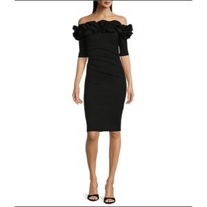 Xscape Off-the-Shoulder Ruffle Neck Scuba Dress Sz 16 Short Sleeve Stretch Black